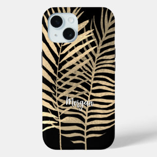 Coque Case-Mate iPhone Feuilles tropicales dorées, nom en écriture blanch