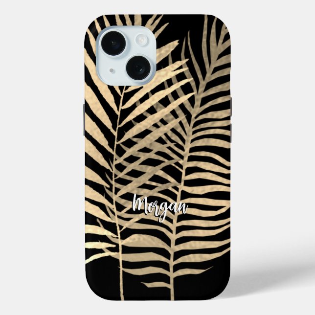 Coques Case-Mate iPhone Feuilles tropicales dorées, nom en écriture blanch (Verso)