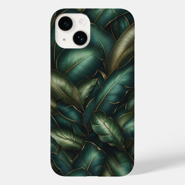 Coques Case-Mate iPhone Feuilles Tropicales Élégantes Vert Émeraude Foncé  (Verso)