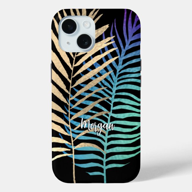 Coques Case-Mate iPhone Feuilles tropicales iridescentes et dorées Nom de  (Verso)