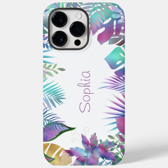 Coques Case-Mate iPhone Feuilles tropicales iridescentes, nom violet, blan (Verso)