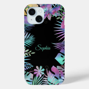 Coque Case-Mate iPhone Feuilles tropicales, nom en écriture sarcelle sur