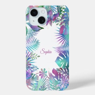 Coque Case-Mate iPhone Feuilles tropicales, nom en script sur fond blanc