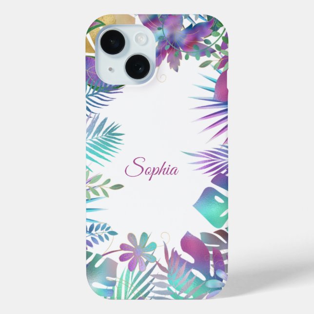 Coques Case-Mate iPhone Feuilles tropicales, nom en script sur fond blanc (Verso)