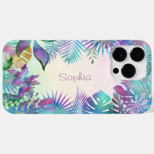 Coque Case-Mate iPhone Feuilles tropicales, ombre turquoise et verte, nom