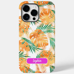 Coque Case-Mate iPhone Feuilles tropicales orange et vert, nom en écritur