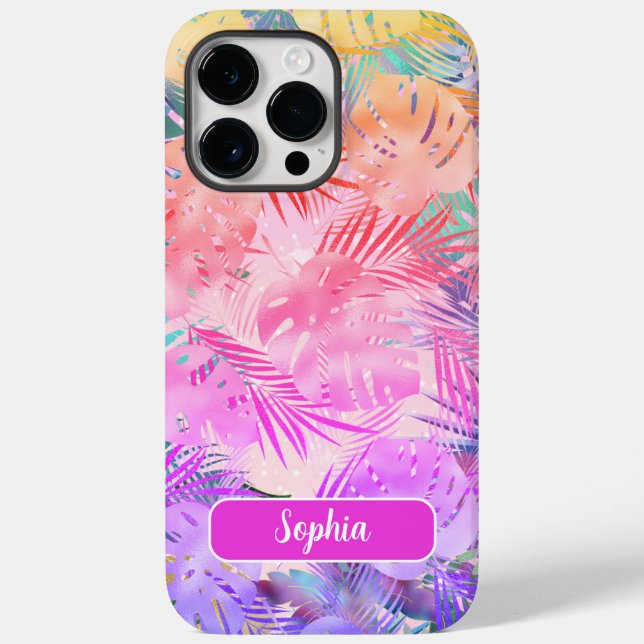 Coques Case-Mate iPhone Feuilles tropicales rose violet or sarcelle, nom m (Verso)