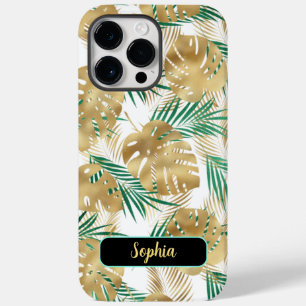 Coque Case-Mate iPhone Feuilles tropicales vert et or, nom en or, blanc