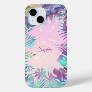 Coque Case-Mate iPhone Feuilles tropicaux, Ciel rose Étoiles blanches, No