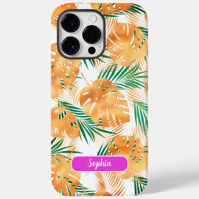 Coques Case-Mate iPhone Feuilles tropicaux orange et vert, nom du script (Verso)