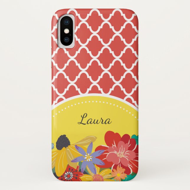 Coques Case-Mate iPhone Fiesta Rouge Floral Quatrefoil d'été avec nom (Dos)