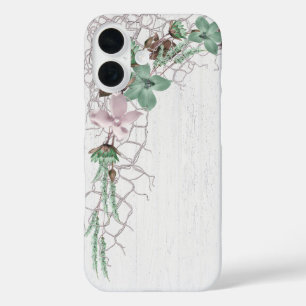 Coque Pour iPhone 16 Filet de marine et fleurs sur bois blanchi à la ch