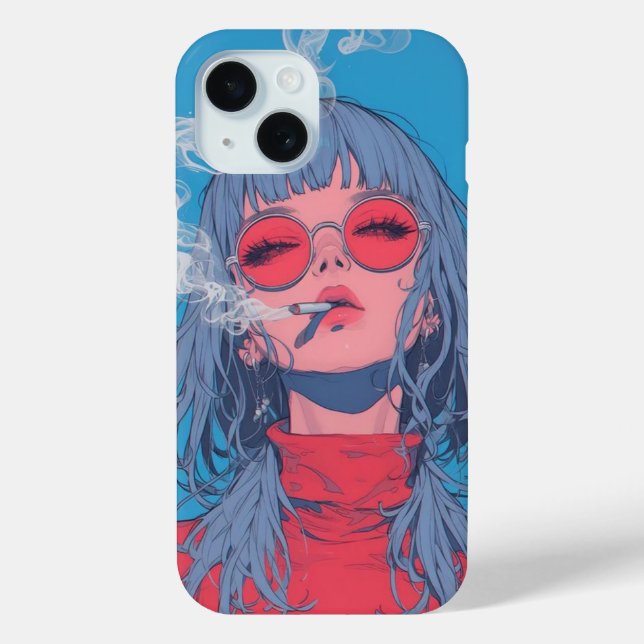 Coques Case-Mate iPhone fille anime bleu et rouge illustration fumée (Verso)