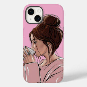 Coque Case-Mate iPhone Fille au Chignon Décoiffé Boit du Café Rose Pastel