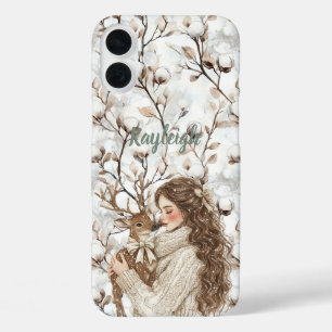 Coque Pour iPhone 16 Plus Fille aux cheveux bruns avec cerf