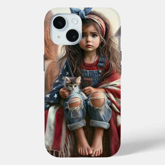 Coques Case-Mate iPhone Fille Avec Drapeau Américain Et Kitten (Verso)