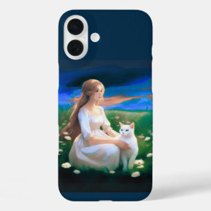 Coque Pour iPhone 16 Plus Fille avec un chat dans une prairie au crépuscule