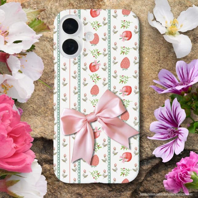 Coques Case-Mate iPhone Fille fraises pastel blanc rose dentelle bleue (Créateur téléchargé)