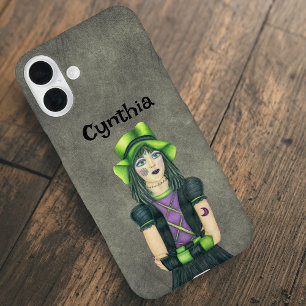 Coque Pour iPhone 16 Plus Fille gothique cheveux noirs et verts tatouages gr