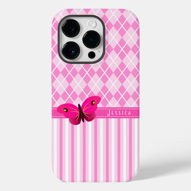 Coques Case-Mate iPhone Fille Jacquard rose et rayures Papillon (Verso)
