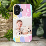 Coque Pour iPhone 16 Fille moderne Stripe Coeur Photo Nom personnalisé<br><div class="desc">Modern Girly Stripe Heart Photo Nom personnalisé iPhone 16 Coques dispose d'un motif rayé coloré en rose, violet, vert et jaune avec votre photo préférée accentuée de coeurs d'amour mignons et personnalisée avec votre nom dans élégante typographie de script de calligraphie. Personnalisez en modifiant le texte dans les zones de...</div>