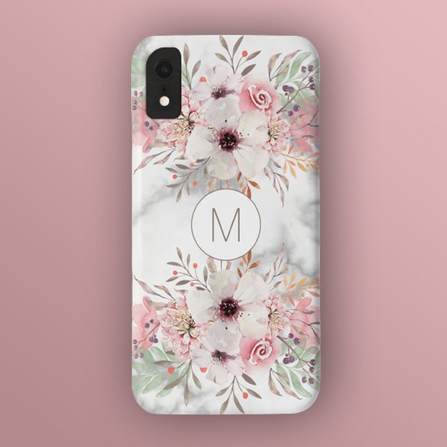 Coques Case-Mate iPhone Fille Monogramme Marbre Aquarelle Florale (Créateur téléchargé)