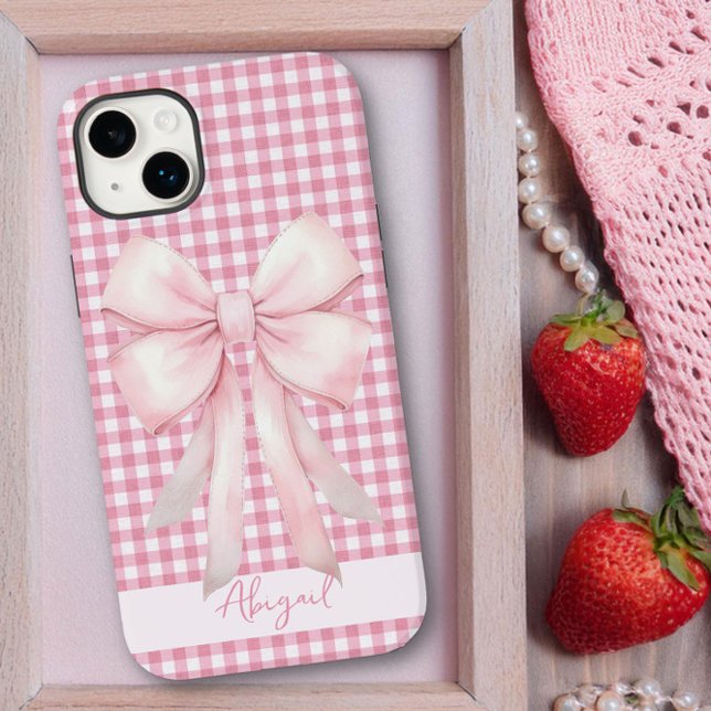 Coques Case-Mate iPhone Fille Pink Bow En vichy Plaid Personnalisé (Personalized iphone case with pink bow on pink gingham by Darling and May)