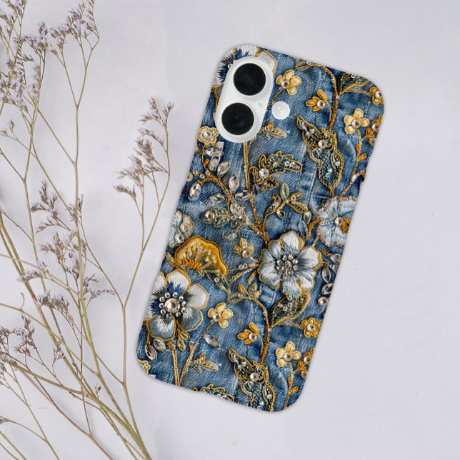 Coques Case-Mate iPhone Fille Rustique Blanc Floral Brodé Bleu Denim (Créateur téléchargé)