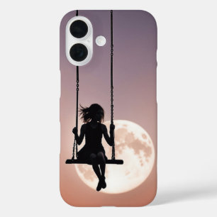 Coque Pour iPhone 16 Fille sur une balançoire silhouette sur une lune