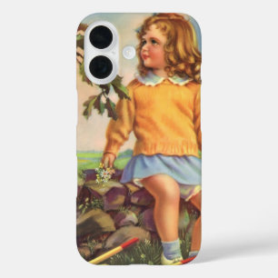 Coque Pour iPhone 16 Fille Vintage regardant des oiseaux dans un arbre,