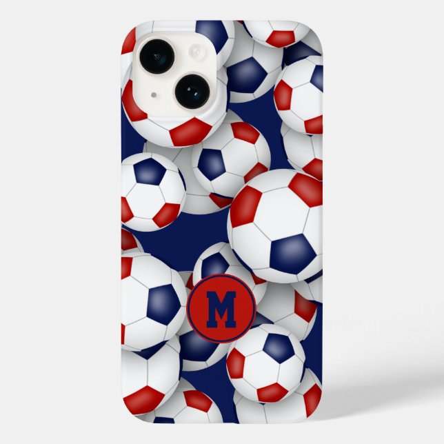 Coques Case-Mate iPhone Filles bleu rouge balle de football motif monogram (Verso)