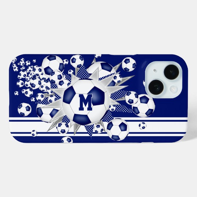 Coques Case-Mate iPhone filles monogrammées balle de football bleu souffle (Verso (horizontal))