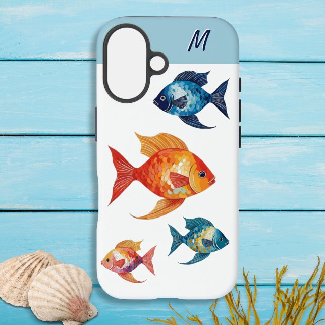 Coques Case-Mate iPhone Fish Sea Life Océan Monogramme (A stylish monogrammed phone case with elegant swimming fish design)