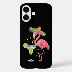 Coque Pour iPhone 16 Flamant qui boit une Margarita Drôle de Poncho Mex
