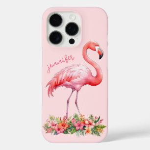 Coque iPhone 16 Pro Flamant rose avec fleurs tropicales