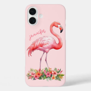 Coque Pour iPhone 16 Plus Flamant rose avec fleurs tropicales