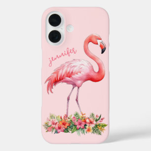 Coque Pour iPhone 16 Flamant rose avec fleurs tropicales