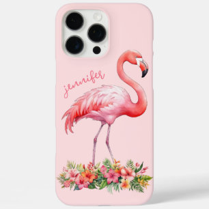 Coque iPhone 16 Pro Max Flamant rose avec fleurs tropicales