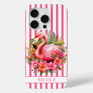 Coque Case-Mate iPhone Flamant rose avec fleurs tropicales sur rayures