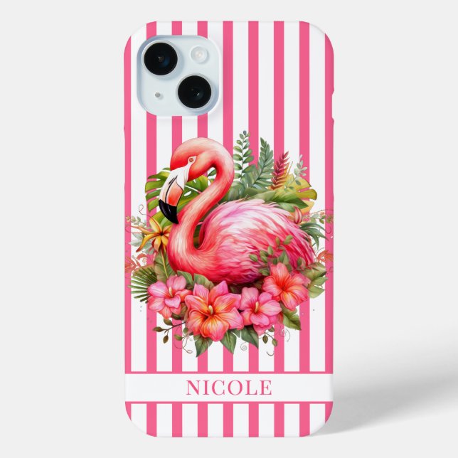 Coques Case-Mate iPhone Flamant rose avec fleurs tropicales sur rayures (Verso)