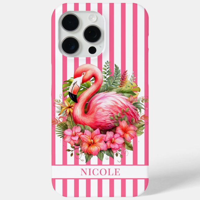 Coques Case-Mate iPhone Flamant rose avec fleurs tropicales sur rayures (Verso)