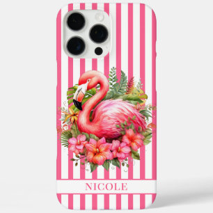 Coque iPhone 16 Pro Max Flamant rose avec fleurs tropicales sur rayures