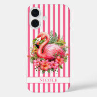 Flamant rose avec fleurs tropicales sur rayures