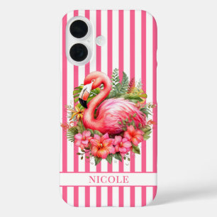 Coque Pour iPhone 16 Flamant rose avec fleurs tropicales sur rayures