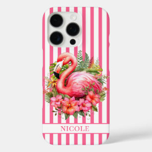 Coque iPhone 16 Pro Flamant rose avec fleurs tropicales sur rayures