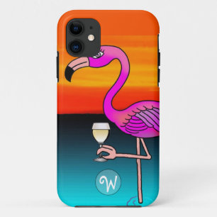 Coque Case-Mate iPhone Flamant rose buvant du vin monogrammé