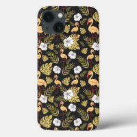 Flamant rose continu motif fleurs jaune et blanc