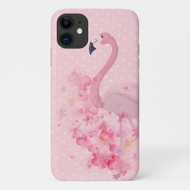 Coques Case-Mate iPhone Flamant rose d'aquarelle rose florale et points (Dos)