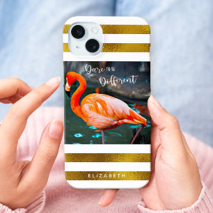 Coque Case-Mate iPhone Flamant rose élégant Photo Gold Stripes Dare Citat