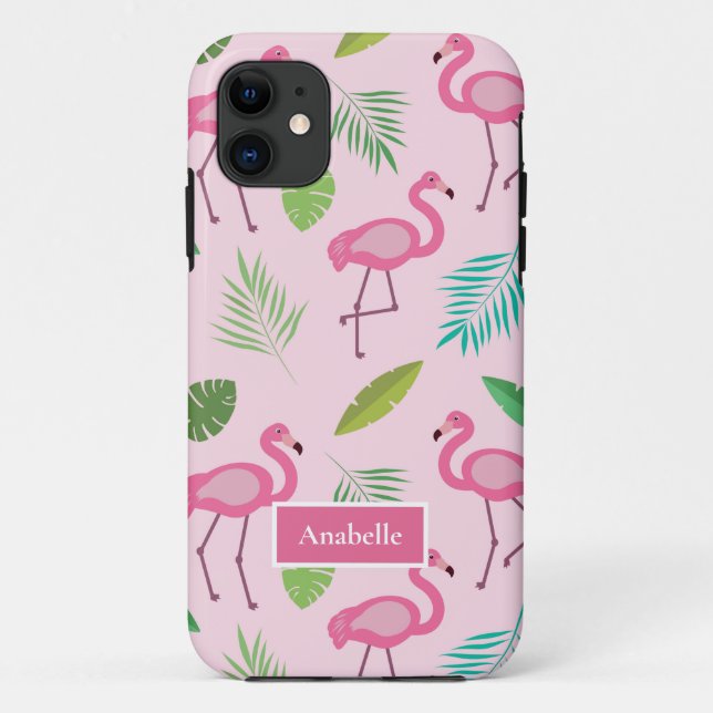 Coques Case-Mate iPhone Flamant rose et feuilles tropicales Nom personnali (Dos)